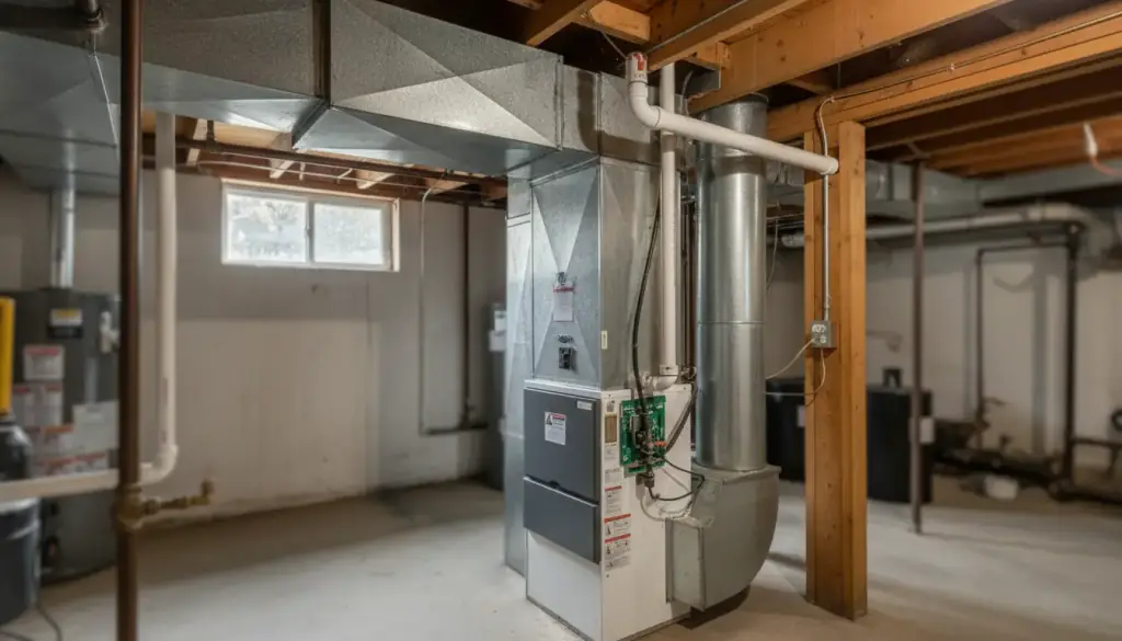 A high-efficiency gas furnace with its supply plenum and flue run in a mechanical room