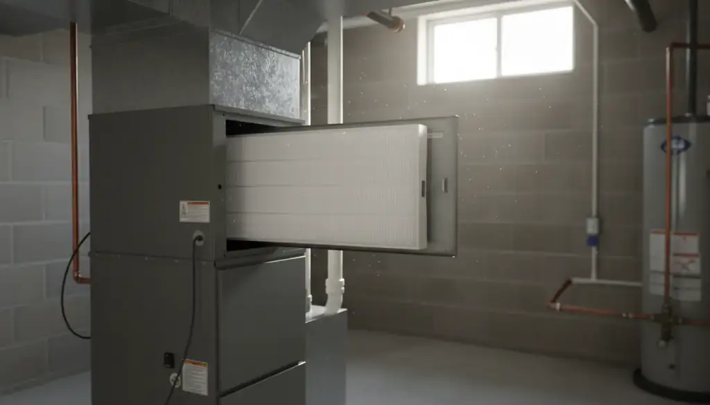 A media air cleaner cabinet on a furnace return with its filter rack drawn out