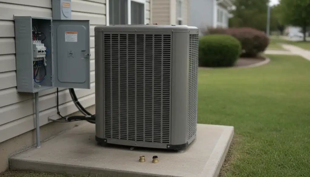 An outdoor condenser on its concrete pad with the electrical disconnect open for service